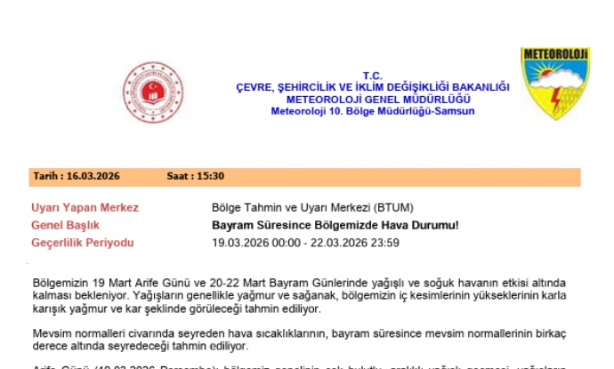 De�erli Vatanda�lar�m�z�n Dikkatine ! Bayram Hava Durumu Raporu